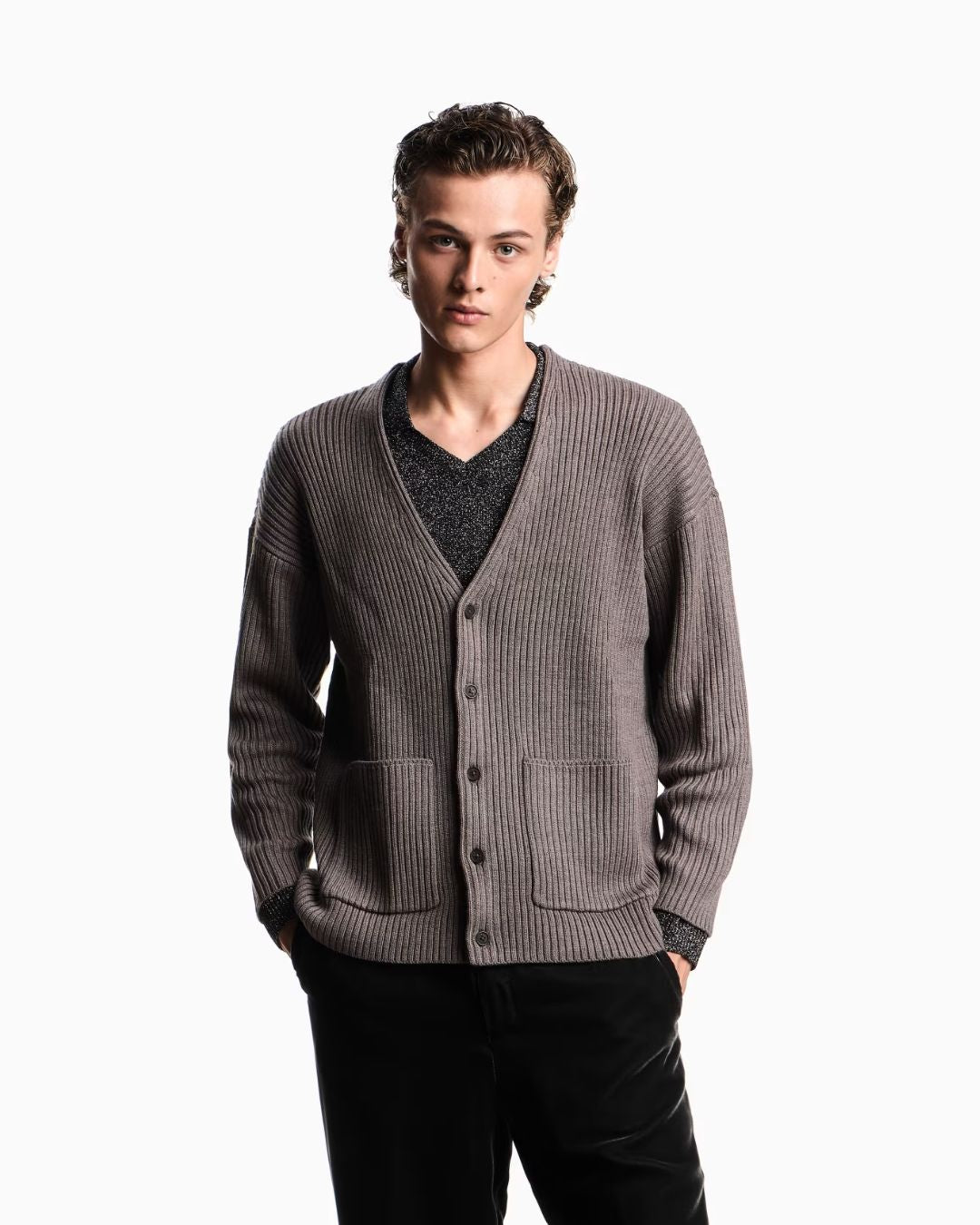 Ribbed Wool Blend V-Neck Cardigan EM002074 AF18108