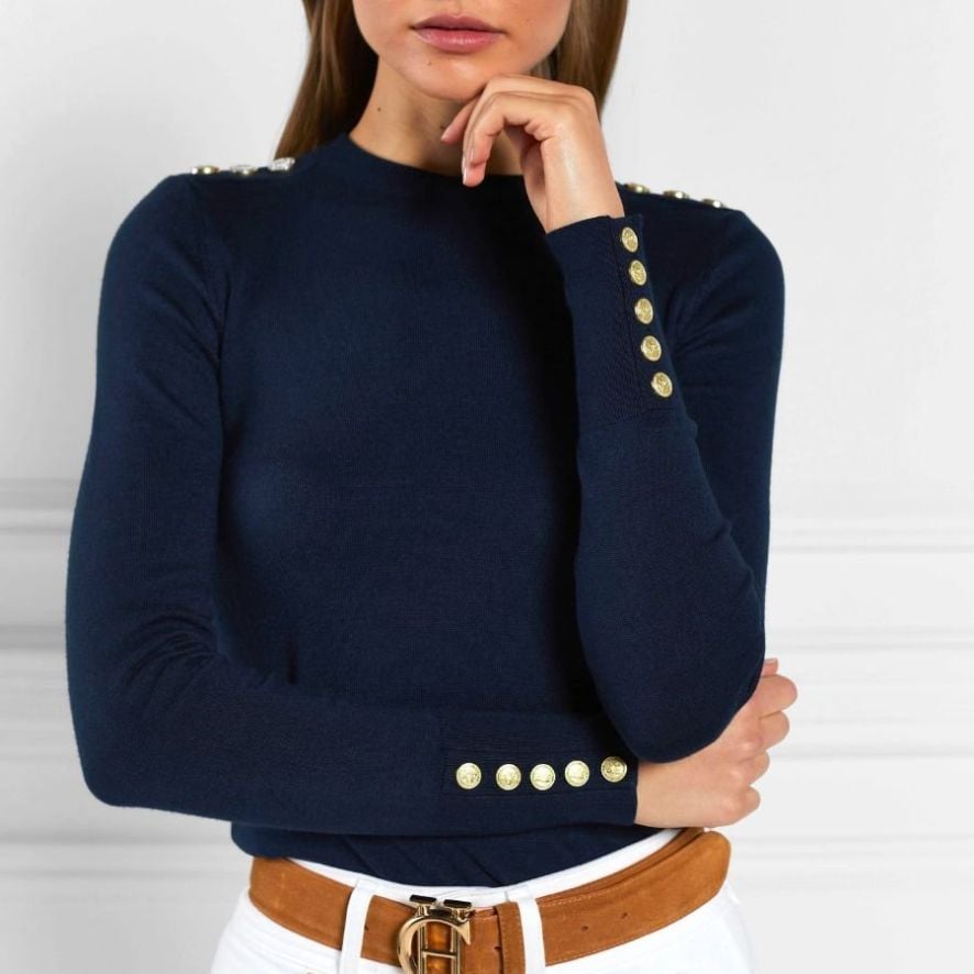 Buttoned Knit Crew Neck Womens Jumper